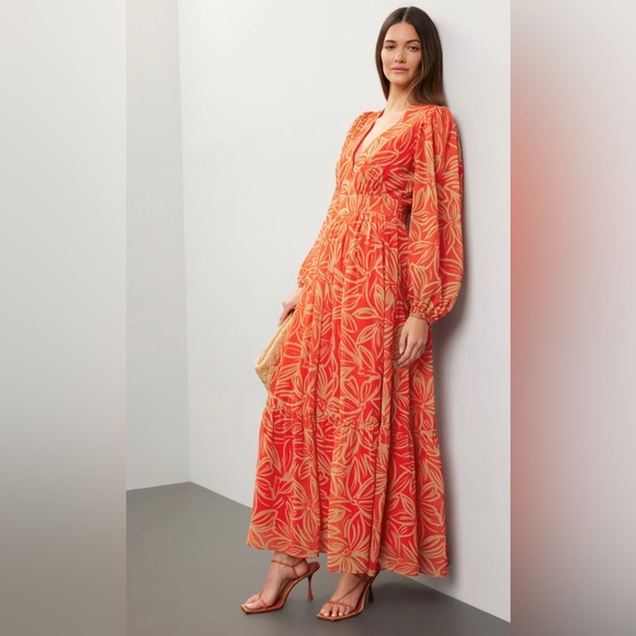 Toccin x RTR V-Neck Long Sleeve Maxi Dress. Orange and Tan Size 6 - Picture 2 of 10